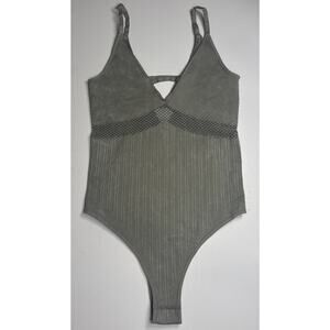Ribbed One Piece Bodysuit Olive Green V Neck Mesh Waist Stretch